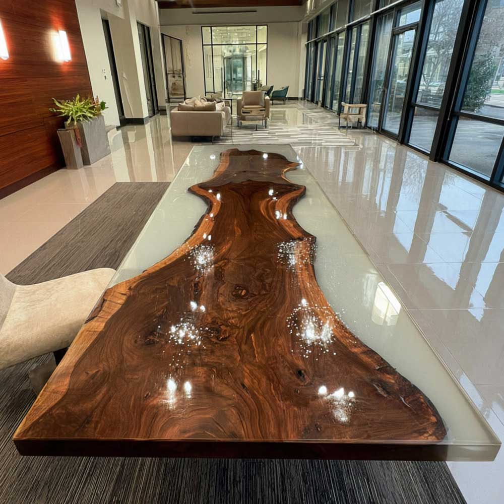 Wooden coffee table in a modern interior setting with large windows and furniture.