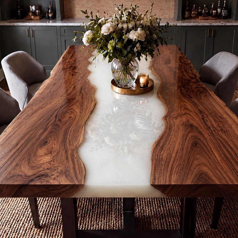Black walnut dining table featuring a flowing ivory epoxy river design