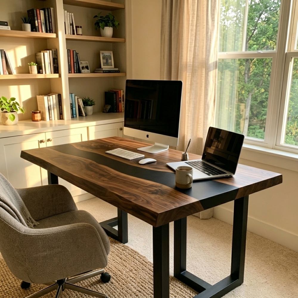 Luxury walnut live edge desk with matte black epoxy resin river for home office