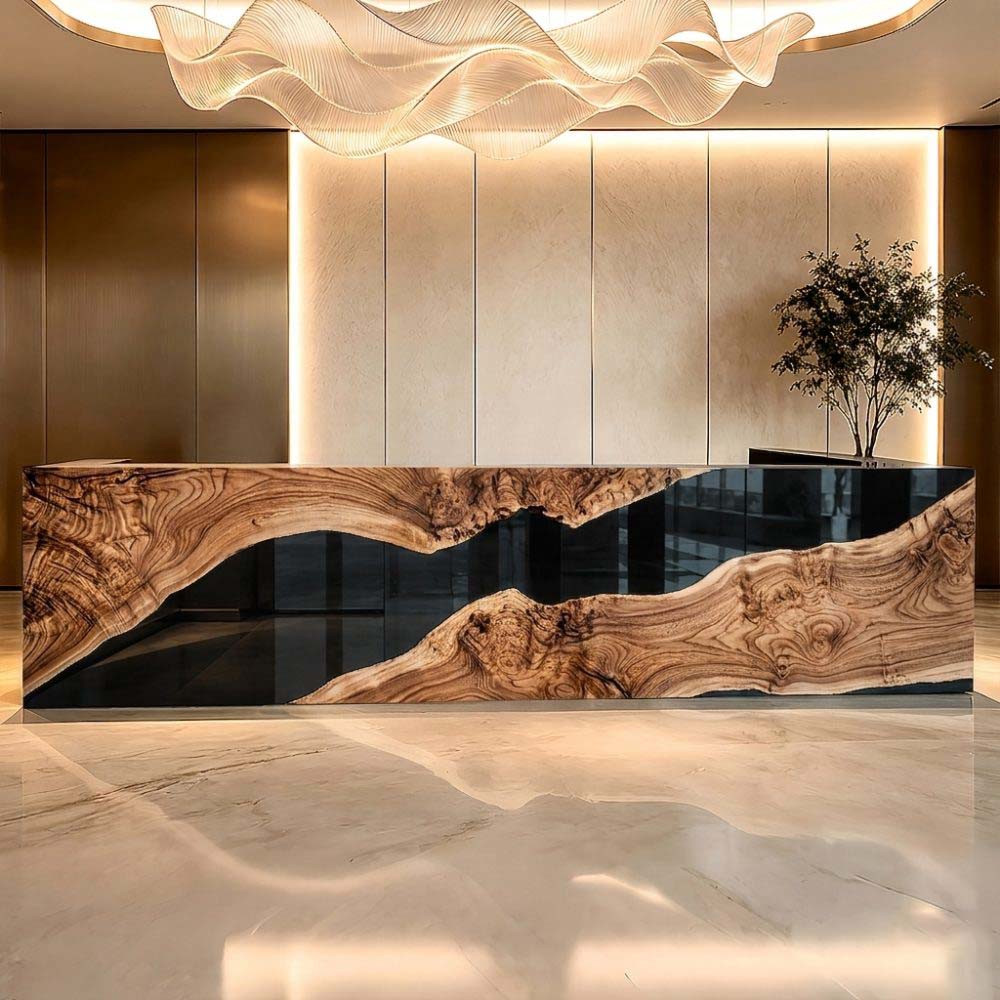 Black walnut reception counter featuring a sculptural black resin accent design