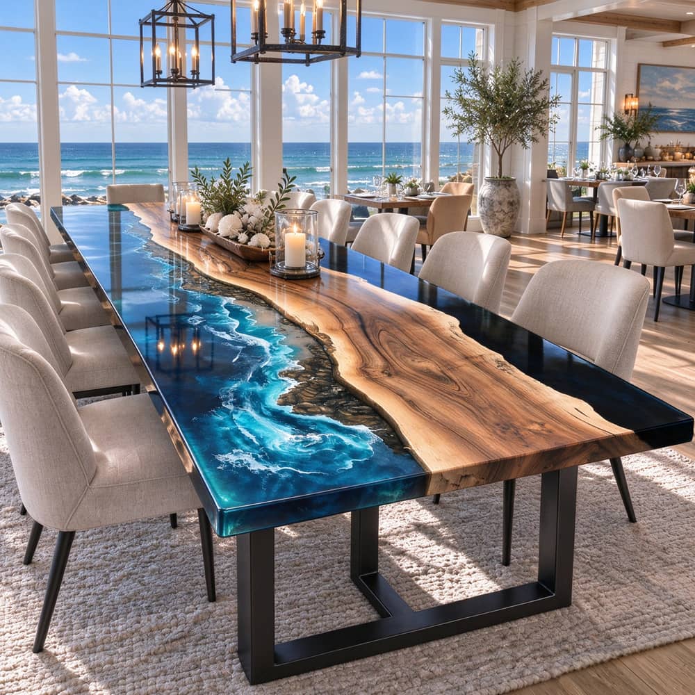 Walnut ocean wave epoxy dining table with layered blue resin and shoreline-inspired detailing