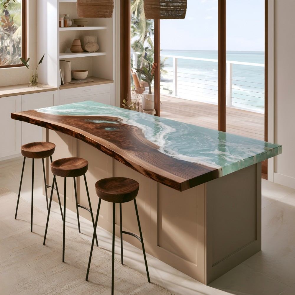 Custom walnut kitchen island with blue ocean wave epoxy resin and coastal-inspired design