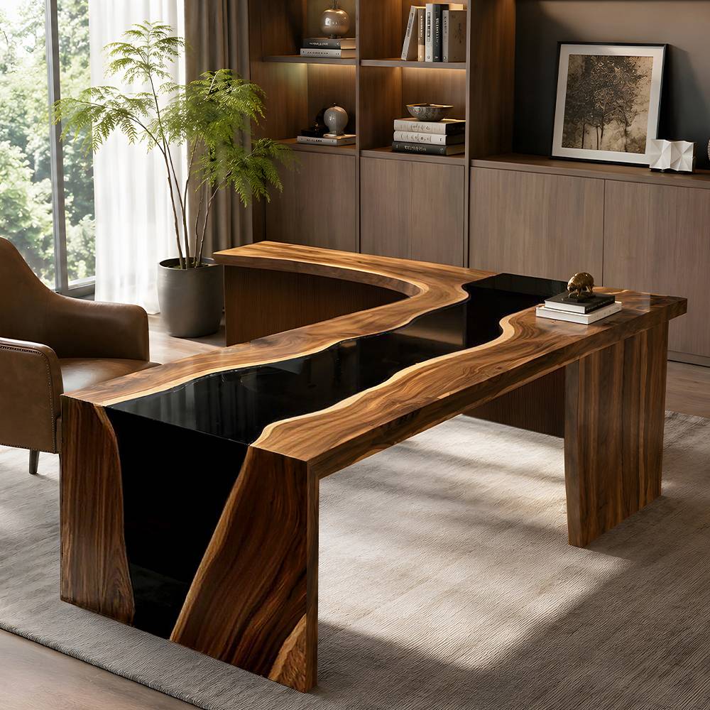 Custom corner executive desk crafted from black walnut and deep black resin accents