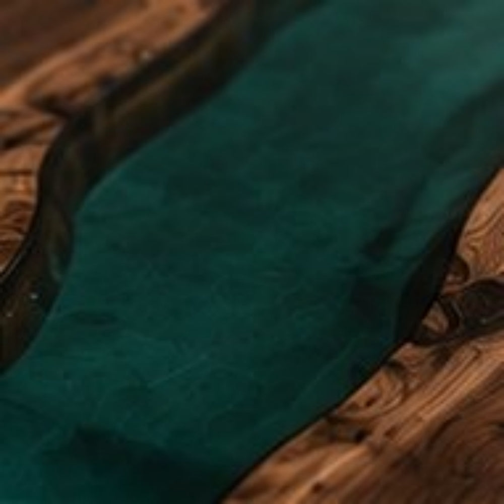 Solid walnut hallway console table with translucent green resin centerpiece