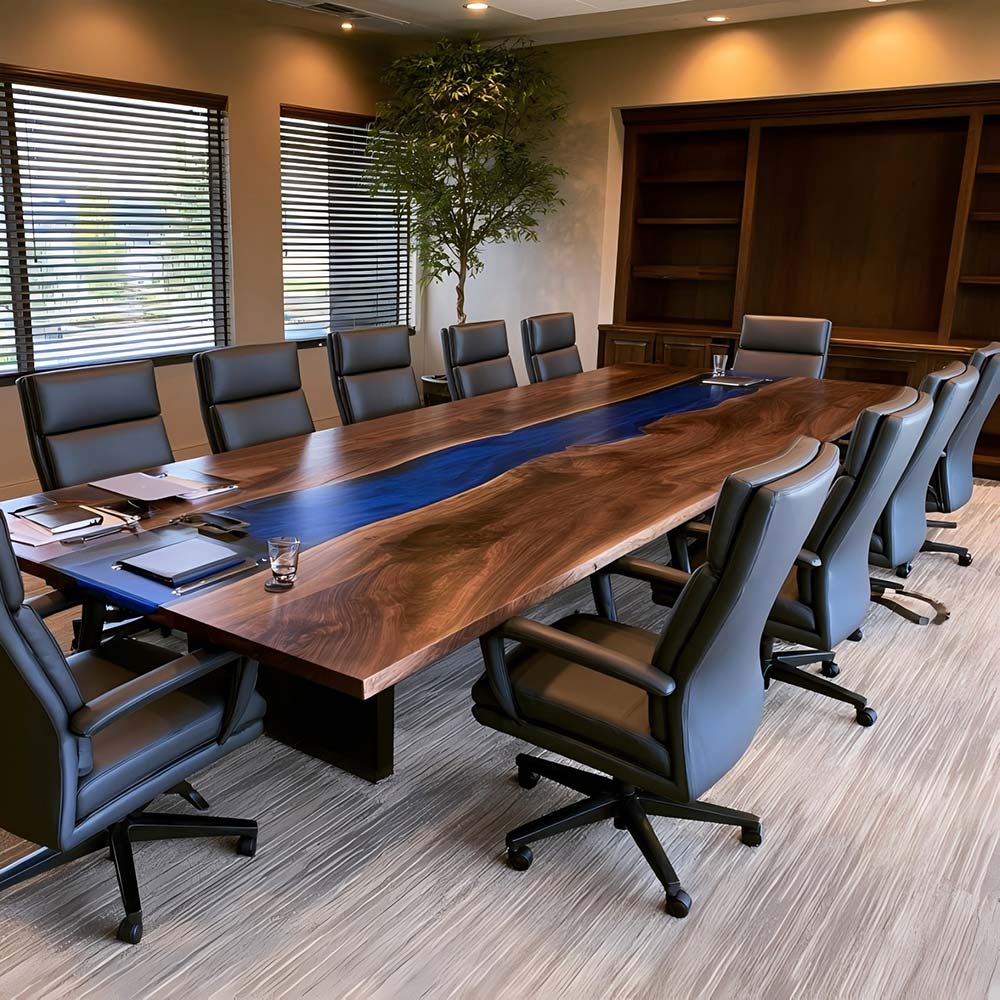 Walnut resin meeting table with a bold blue epoxy center channel for corporate spaces
