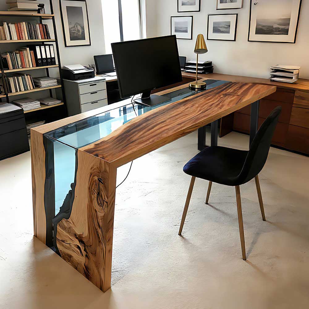 Custom walnut river office desk with blue epoxy resin waterfall legs in a modern workspace