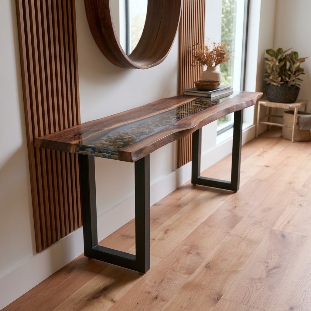 Walnut hallway table with river stone inlay and translucent blue epoxy resin center