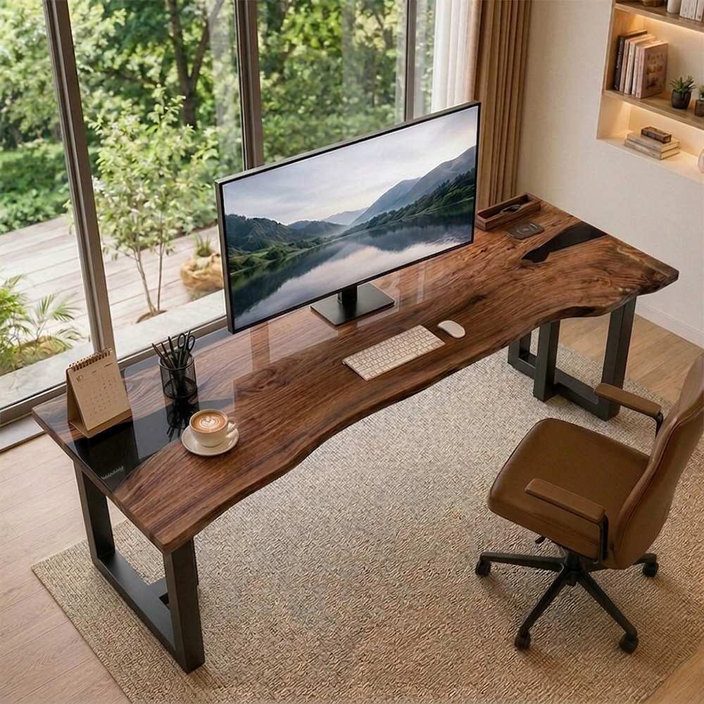 Black walnut slab desk with black epoxy resin accents, designed as a spacious workstation for a refined home office