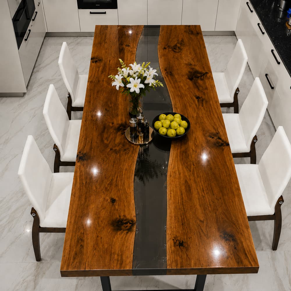 Custom dining table crafted from black walnut and transparent black resin