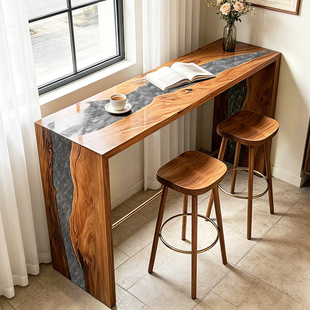 Full window nook shot of integrated solid walnut bar counter with swirled silver metallic epoxy river live edge top paired with matching walnut bar stools