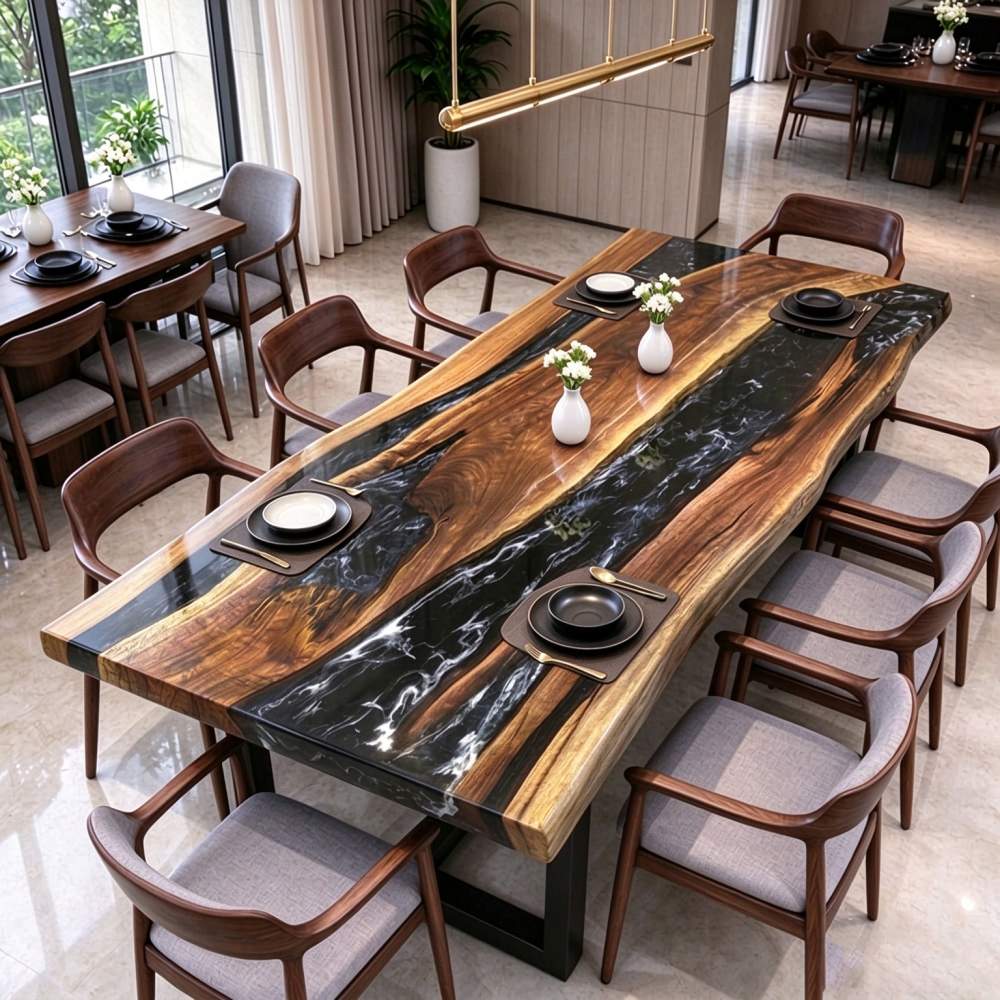 Handmade walnut titanium silver epoxy resin river table live edge solid wood dining table for family dinner gatherings