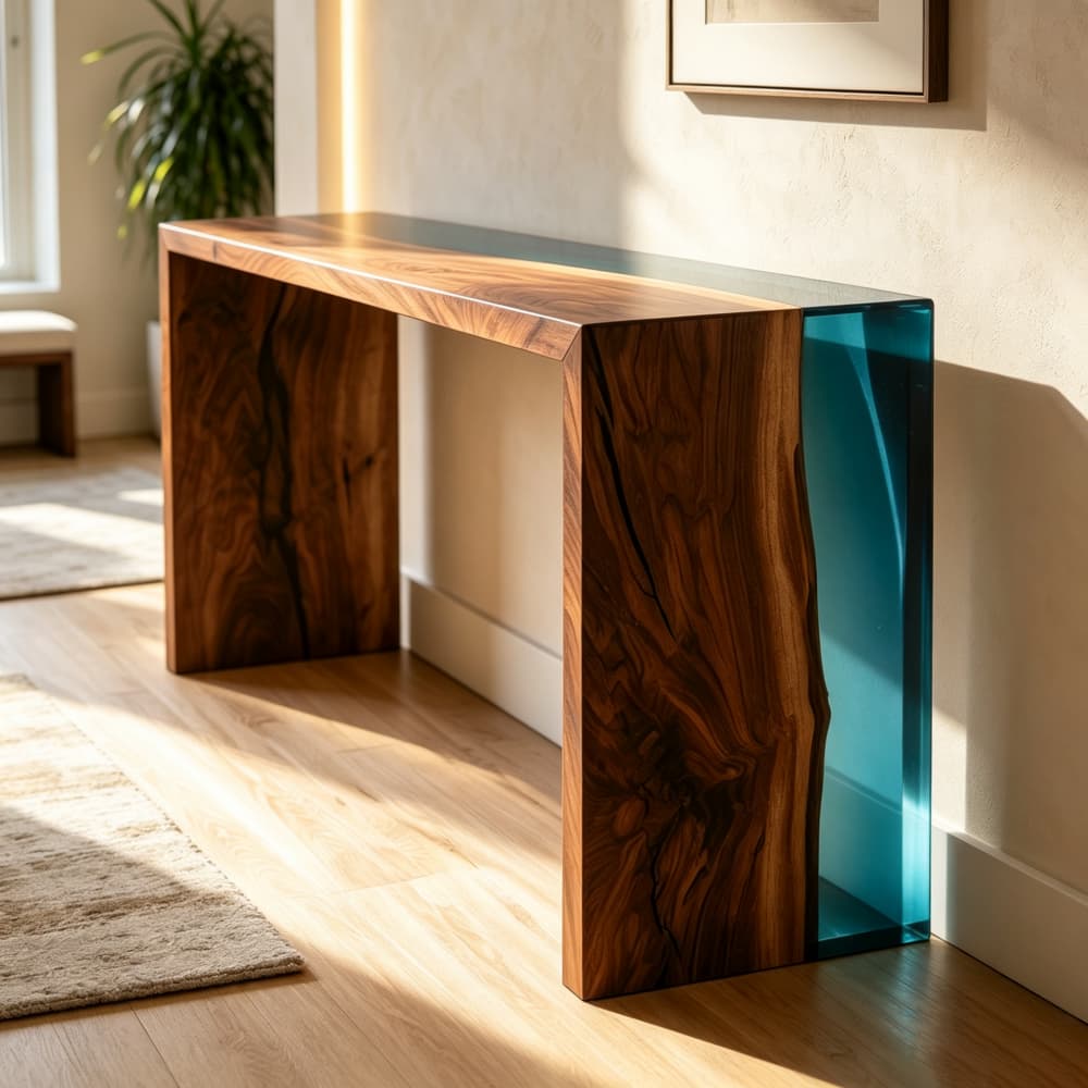Custom Walnut entryway console table with transparent blue epoxy resin and waterfall-style sides in a modern foyer.
