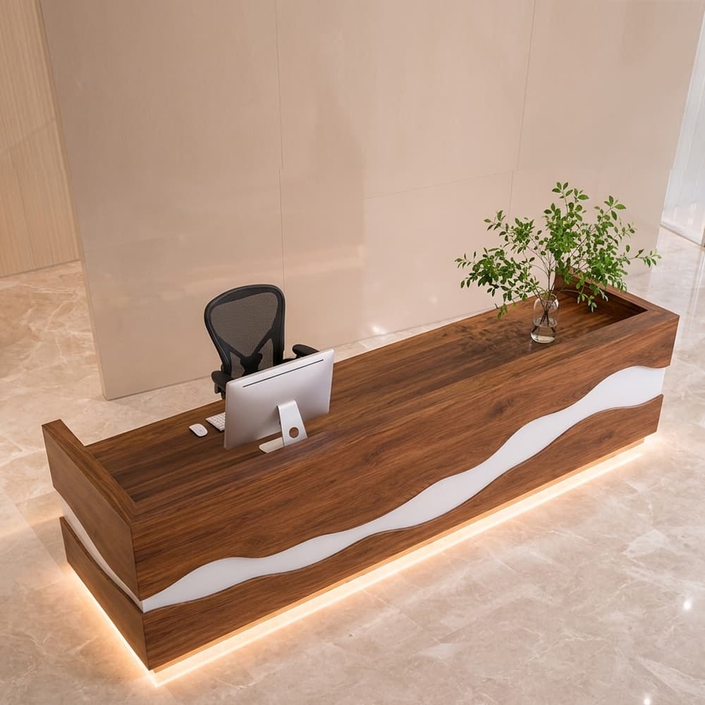Luxury walnut and white epoxy reception desk in a modern commercial lobby interior