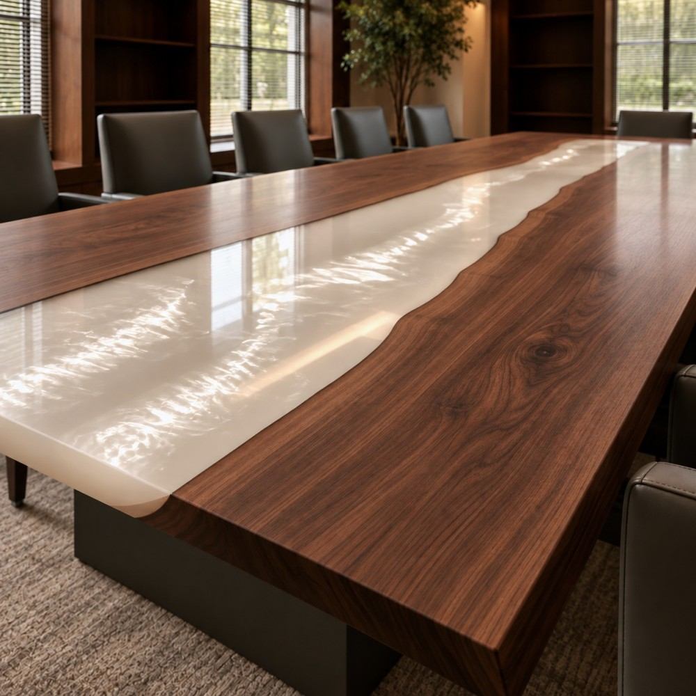Executive conference table combining warm walnut grain with softly swirling white resin