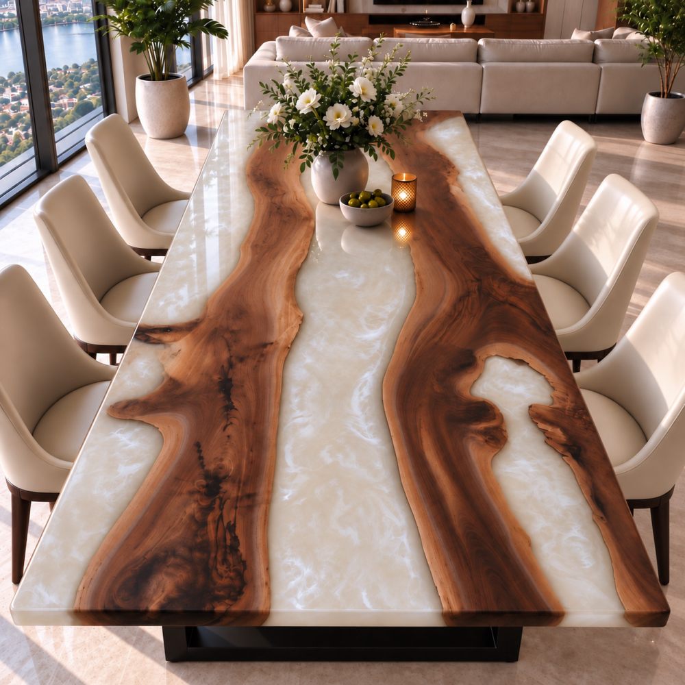 Walnut live edge epoxy river dining table with white swirl resin, 6 seater luxury dinner table in modern open dining room