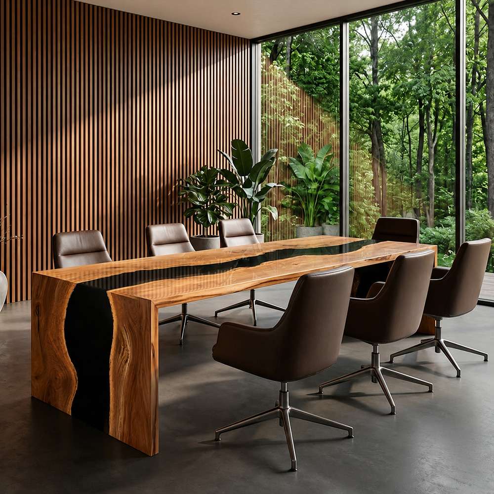 Overhead view of a warm black walnut waterfall conference table with a glossy black epoxy river in a minimalist office with vertical wood slats wall and brown leather chairs