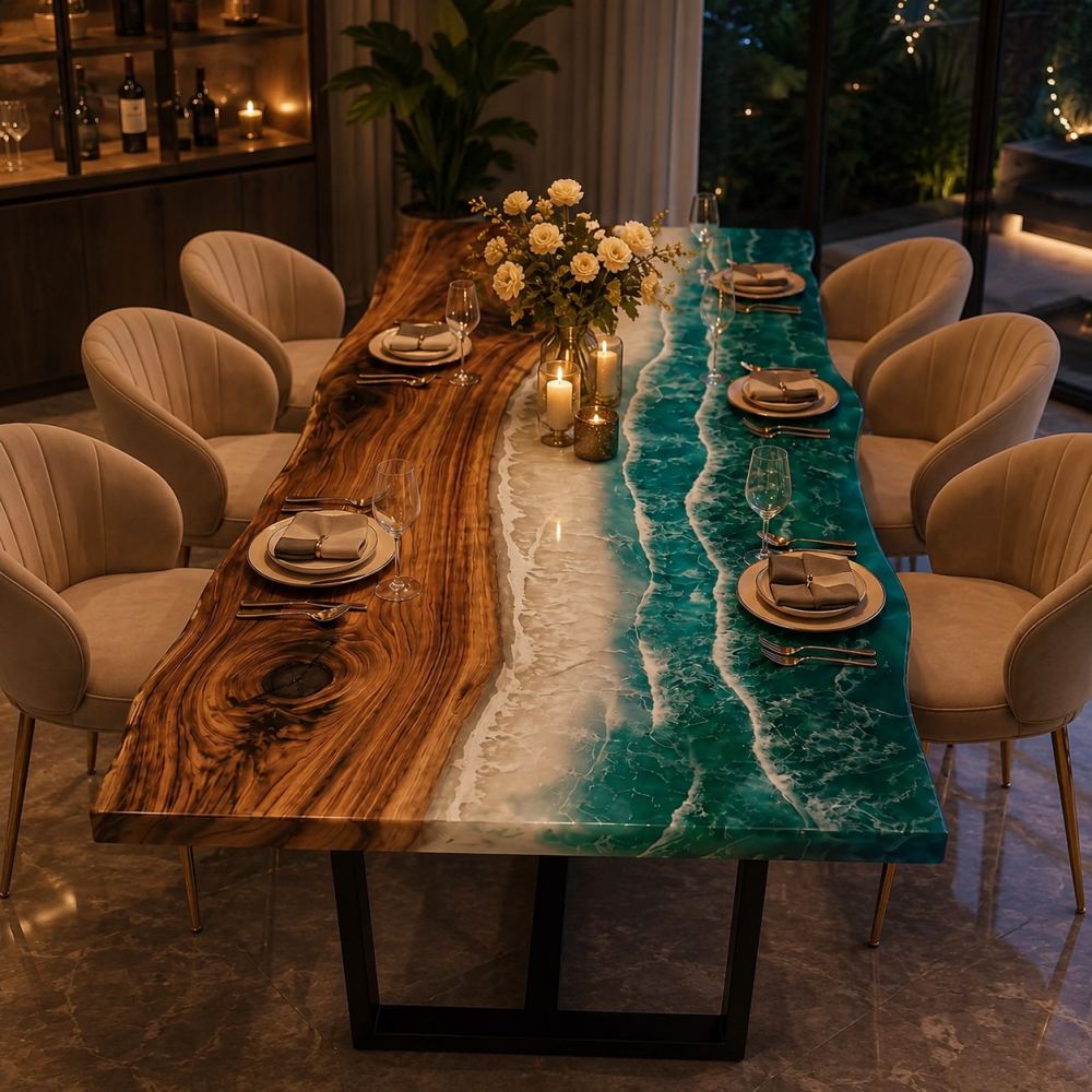 Cozy dim-lit tabletop vignette featuring tall glass vase with cream floral blooms, dual metallic taper candle holders and complete formal ceramic dinner place settings laid atop glossy sea wave walnut epoxy dining surface