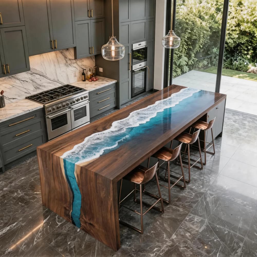Luxury epoxy resin kitchen island table with glossy ocean wave design