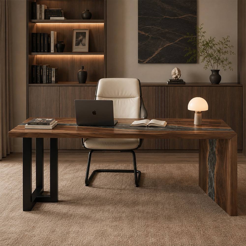 Modern black walnut waterfall office table with dark gray epoxy resin detail