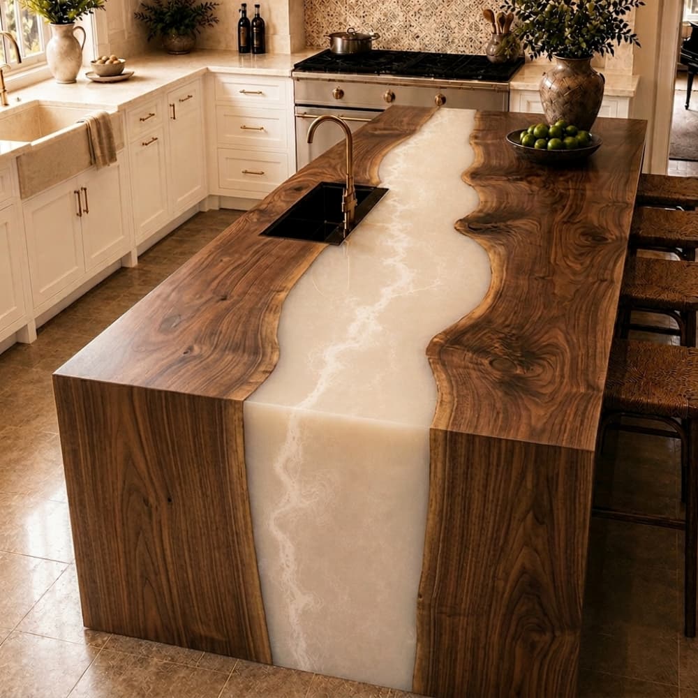 Close-up of the seamless vertical drop grain matching on an alabaster wave epoxy and solid wood counter edge