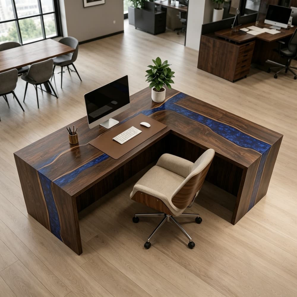 Handcrafted black walnut office table with waterfall legs design