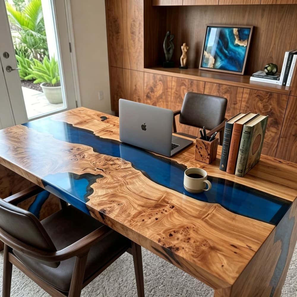 Handmade poplar wood waterfall desk with continuous navy blue epoxy detail for executive office use