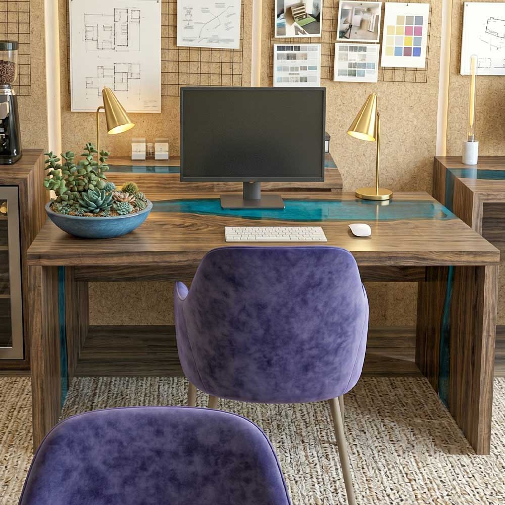 Walnut waterfall resin computer desk with natural wood grain and blue epoxy river center
