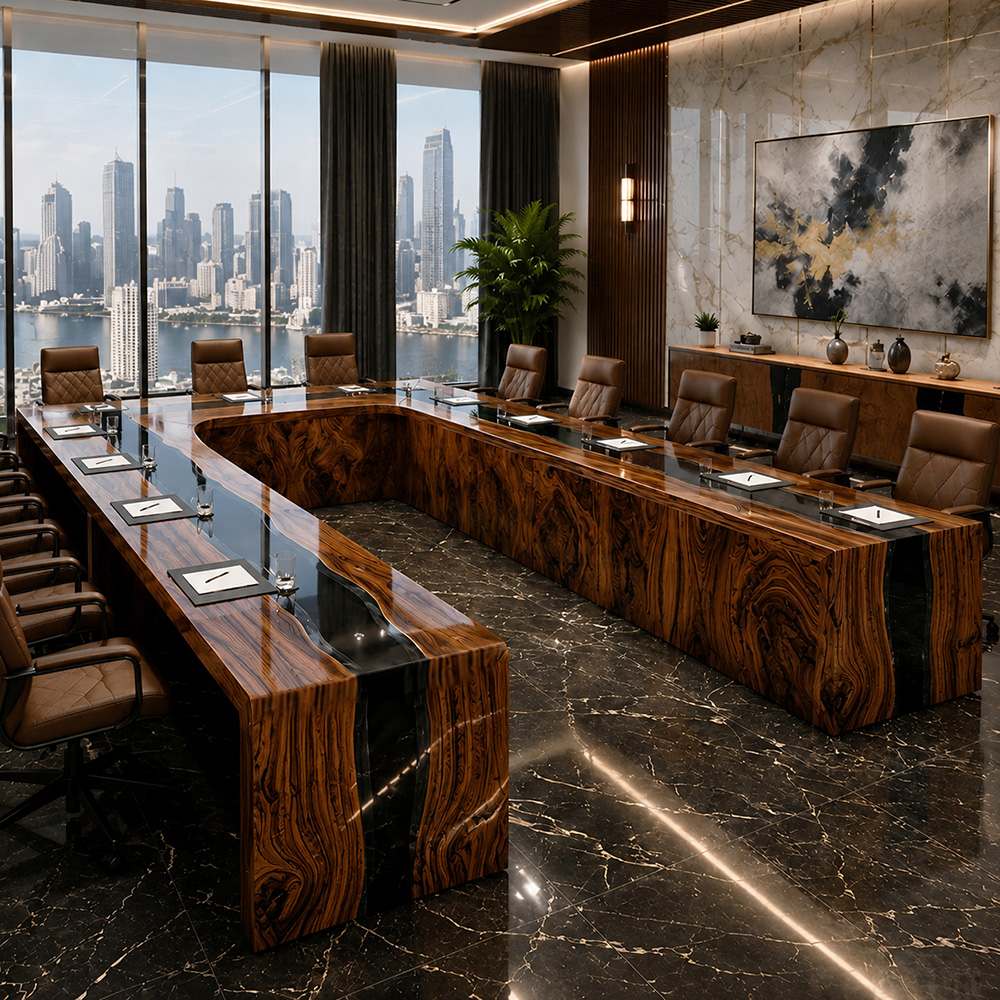 Waterfall-style U-shaped meeting table crafted from black walnut with integrated resin accents