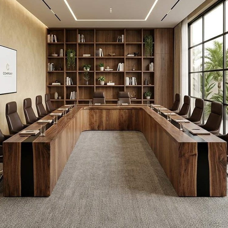 Waterfall-style U-shaped meeting table crafted from black walnut with integrated resin accents