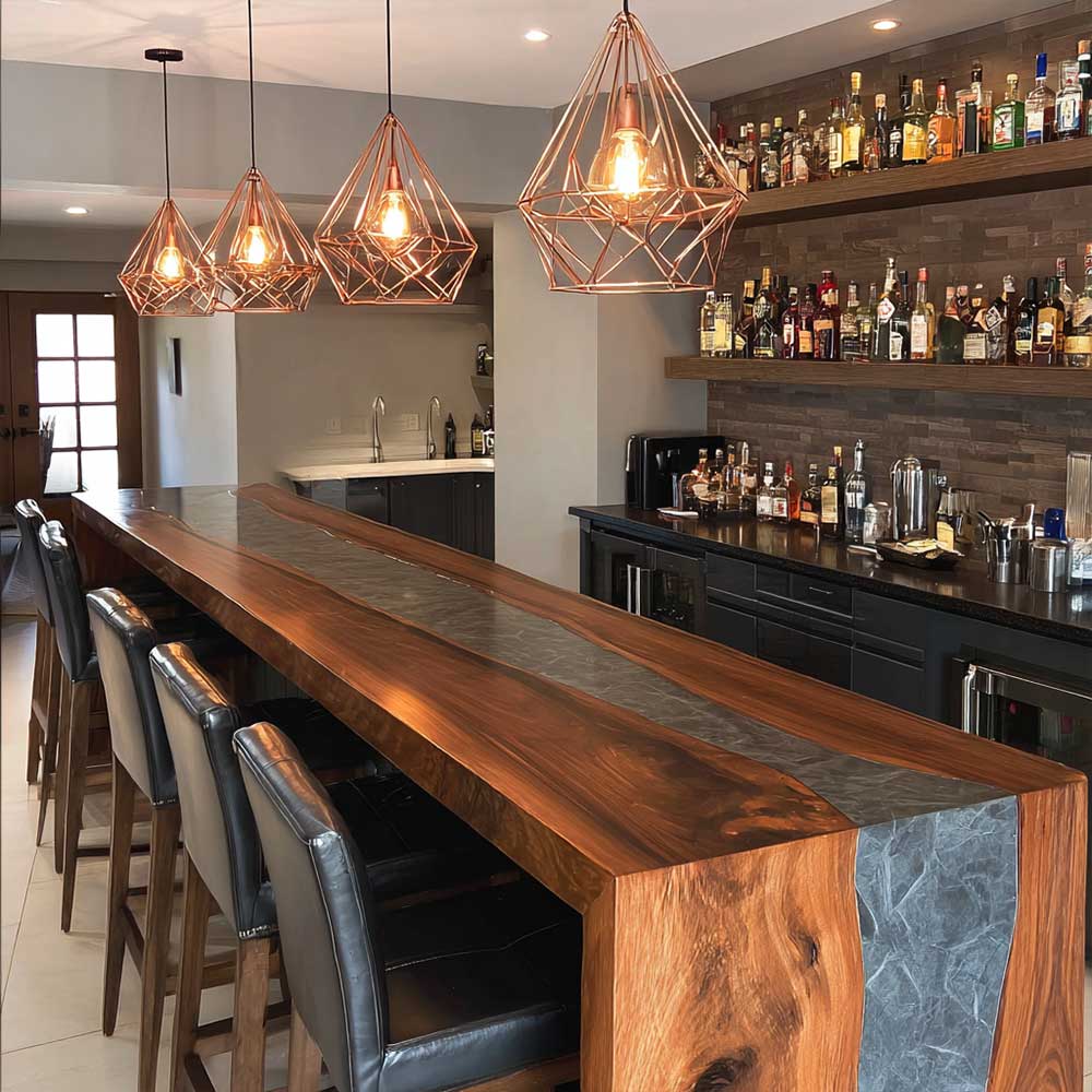 Modern bar with wooden counter, leather stools, and shelves with bottles.