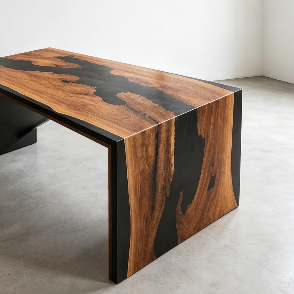 Waterfall black walnut epoxy desk with matching side panels and black resin details