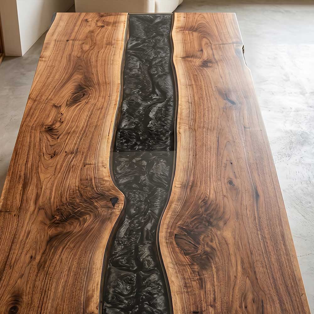 Modern walnut waterfall reception desk featuring black epoxy river and live edge wood