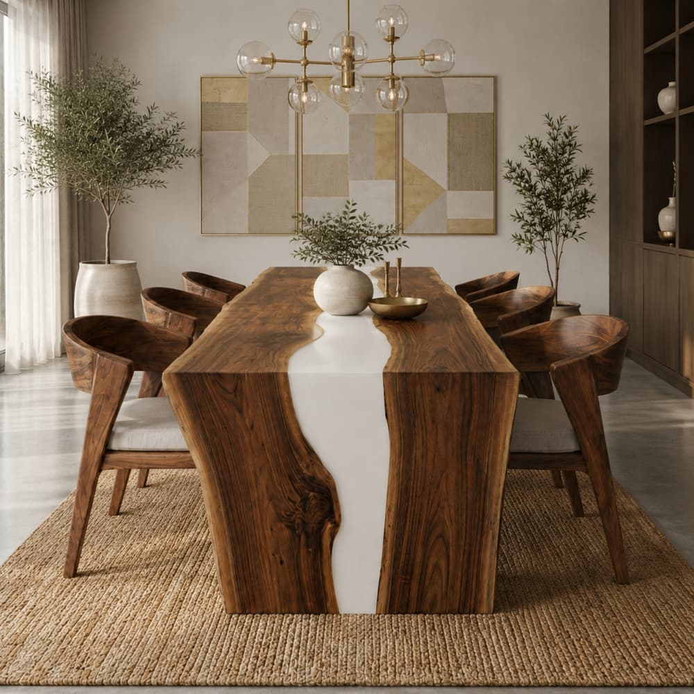 Luxury black walnut river dining table with a clean white resin center