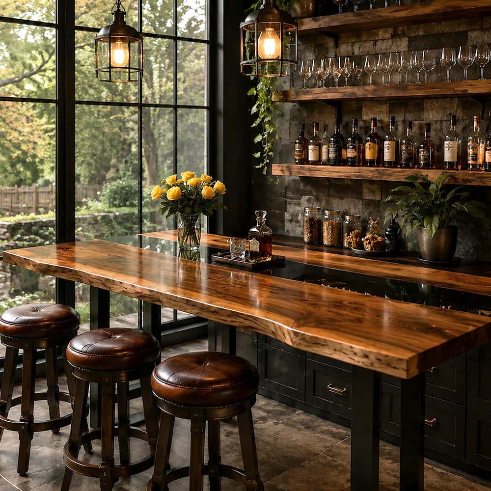 Black walnut bar table with black epoxy resin channel in an upscale lounge setting