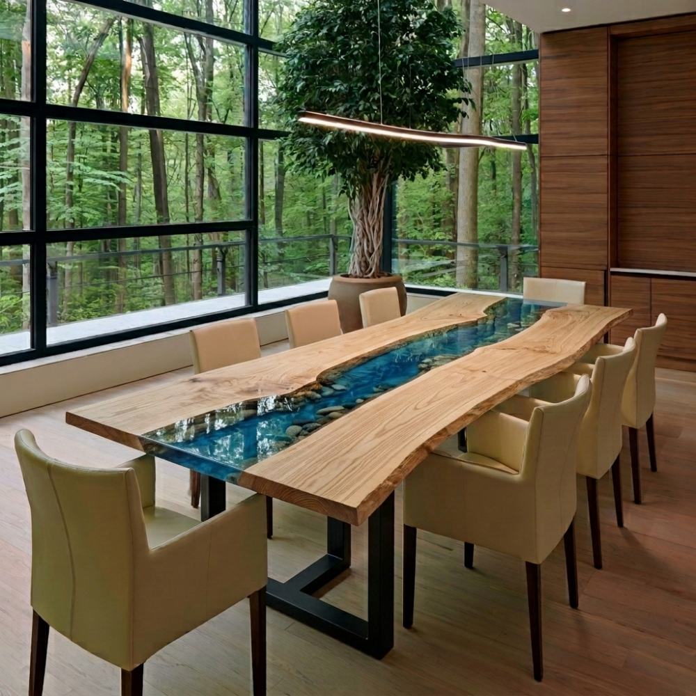 Luxury live edge white ash wood dining table featuring a deep blue gradient epoxy resin ocean river in a modern bright room