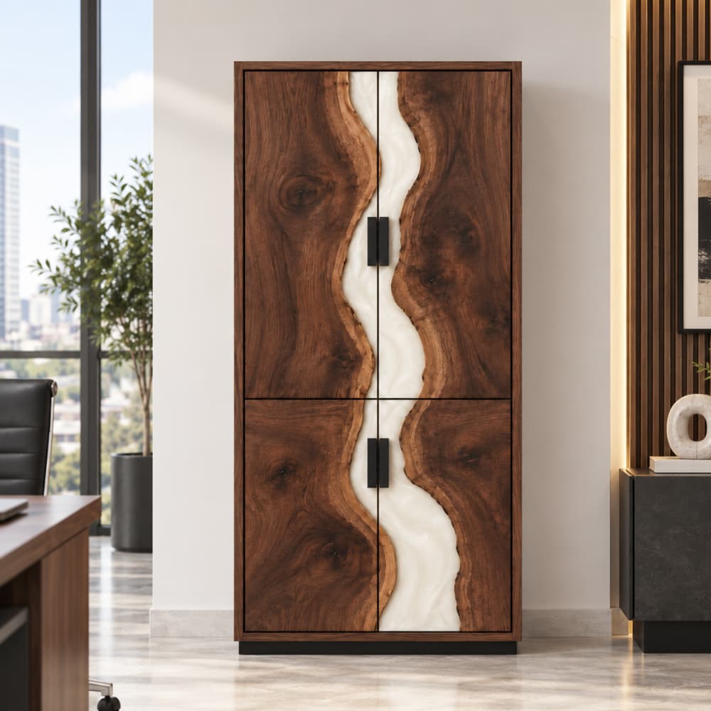 White epoxy and Black Walnut storage cabinet with a bright resin center for a modern executive office