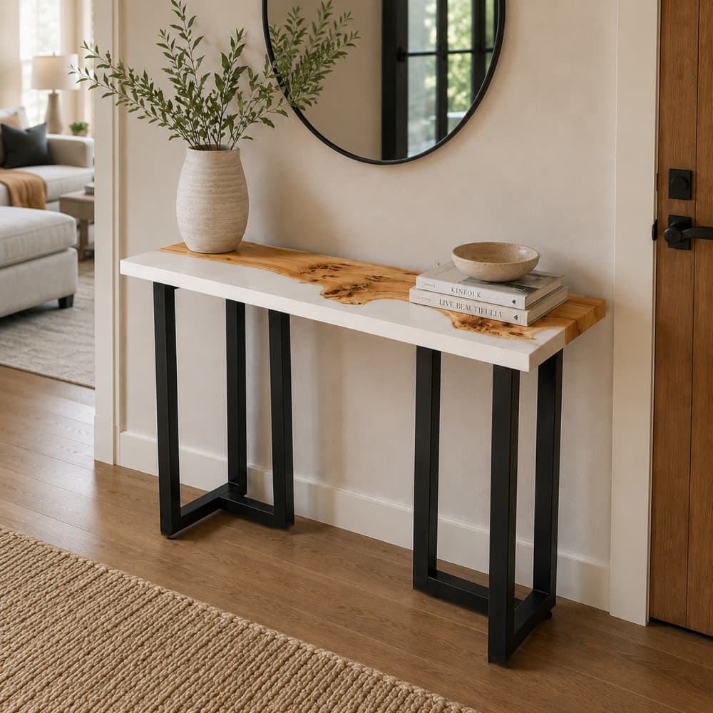 White epoxy and poplar wood hallway console table for contemporary interiors