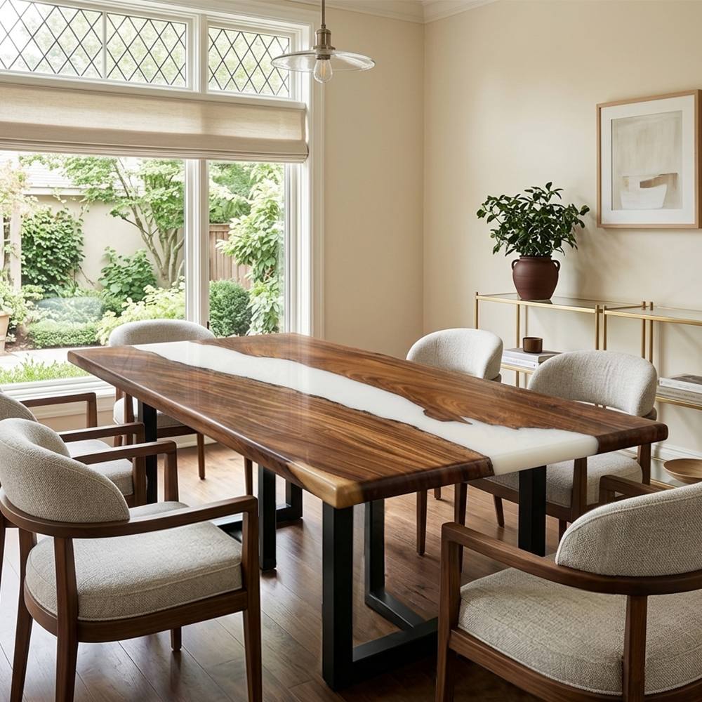 Handcrafted solid walnut white epoxy river table with a glossy finish, tailored for buyers seeking a custom wood and resin dining or conference table