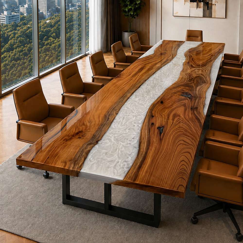 A long black walnut and white metallic swirl resin conference table with a high-gloss finish, supported by a black metal base in a skyscraper boardroom overlooking a city park