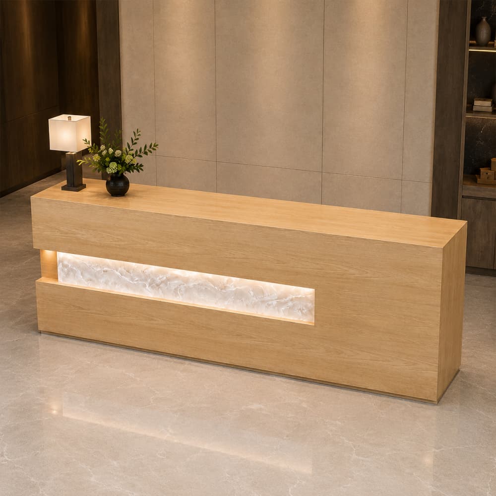 Ash wood reception desk with a white swirl resin feature panel in a refined lobby