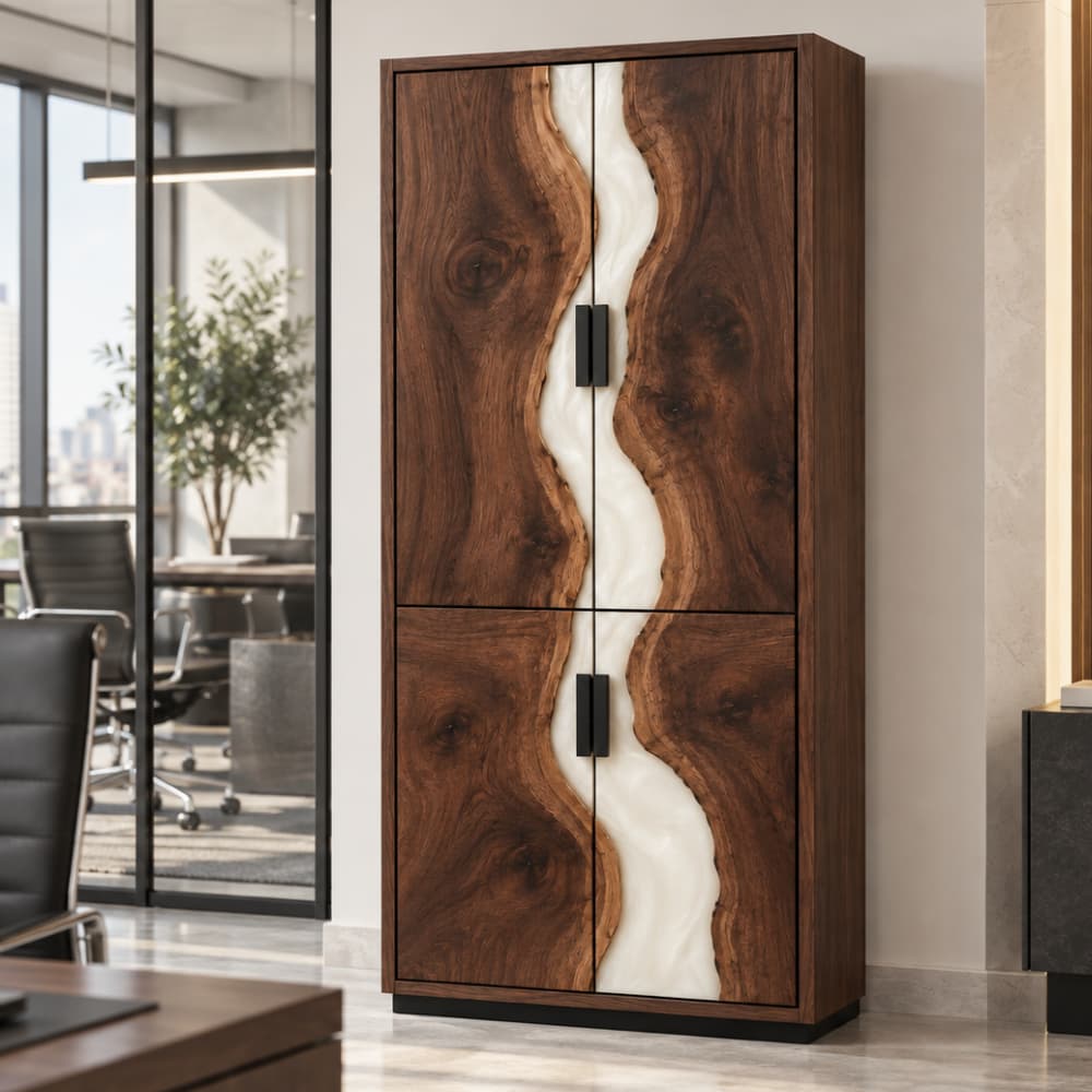 Custom Black Walnut tall office cabinet with a flowing white resin river and natural live-edge wood design