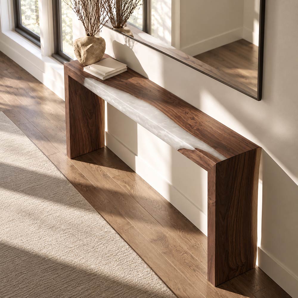 Walnut console table with flowing white resin detail for a bright foyer