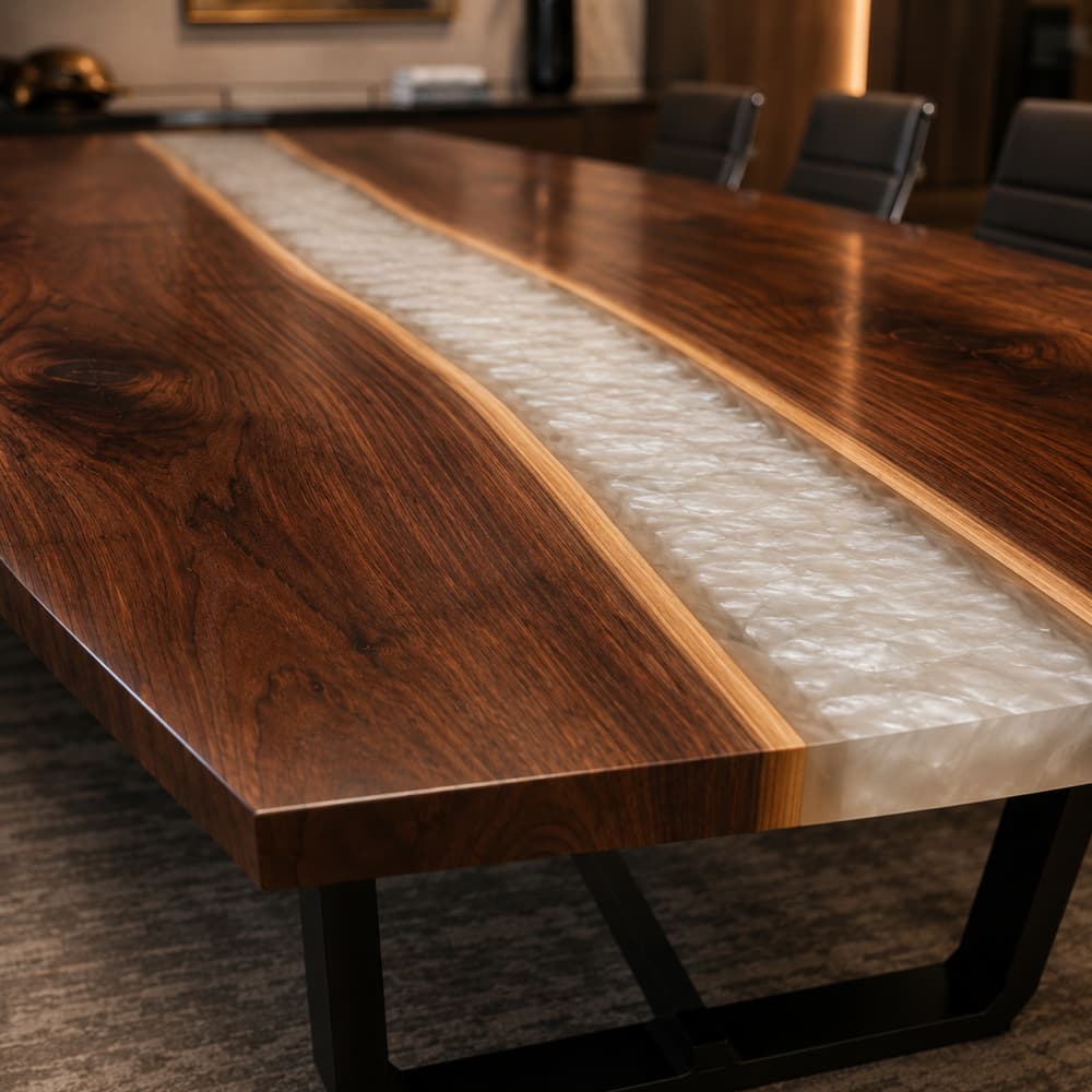 White swirl resin river office table featuring rich black walnut grain, straight edges, and a luxury boardroom furniture design