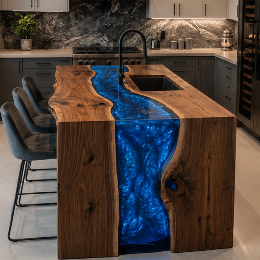 Wide-angle bright kitchen interior with light concrete flooring, dark marble stone feature backsplash, two-tone cabinetry and central statement walnut island featuring internally lit swirling deep blue epoxy river design