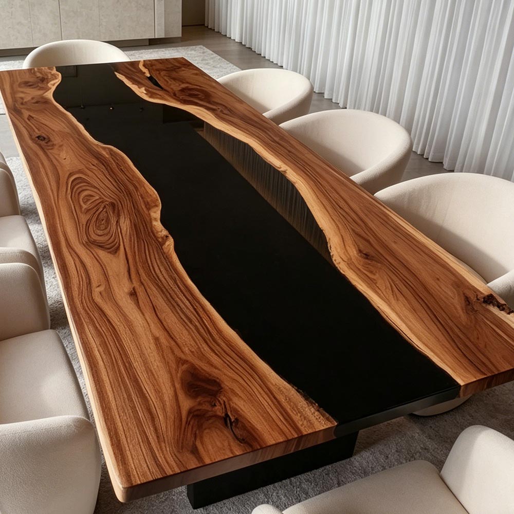 Macro close-up of unique winding suar wood grain and reflective mirror glossy black transparent epoxy river channel on long live edge dining tabletop.