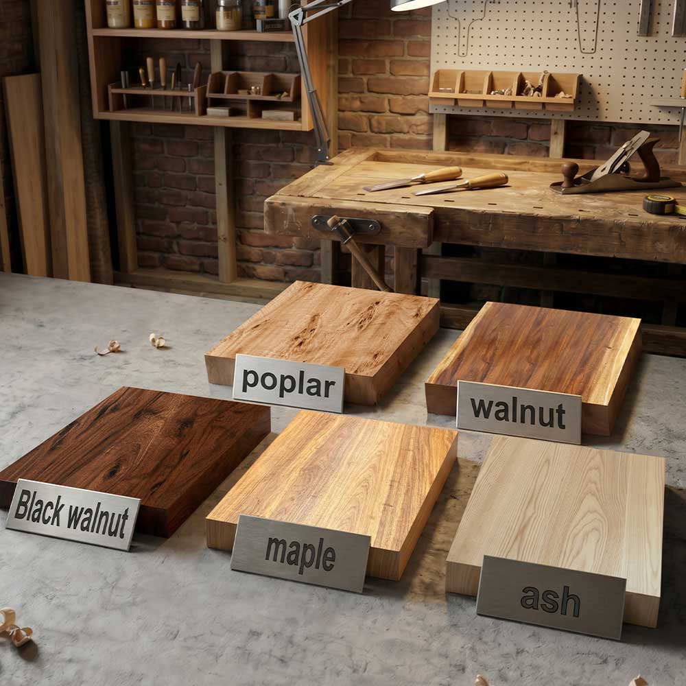 Wooden cutting boards with labels indicating type on a workshop floor.